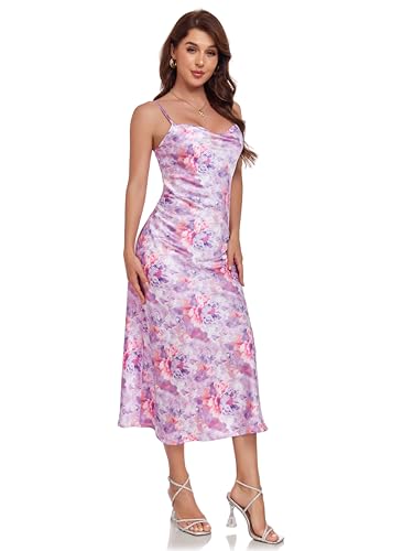 Image of Women's Spaghetti Strap Midi Satin Silk Dresses Slip Cowl Neck Party Cocktail Evening Sexy Dress