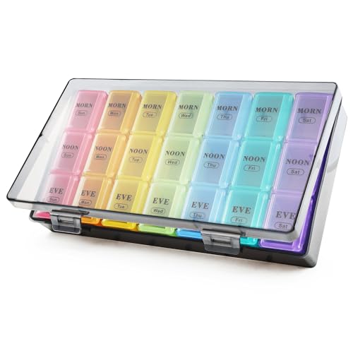 XL Weekly Pill Organizer 3 Times a Day, MOLN HYMY Dual Protection 7 Day Pill Box, Travel Friendly Portable Daily Pill Containers for Vitamins/Medication/Fish Oils/Supplements (Multicolor)