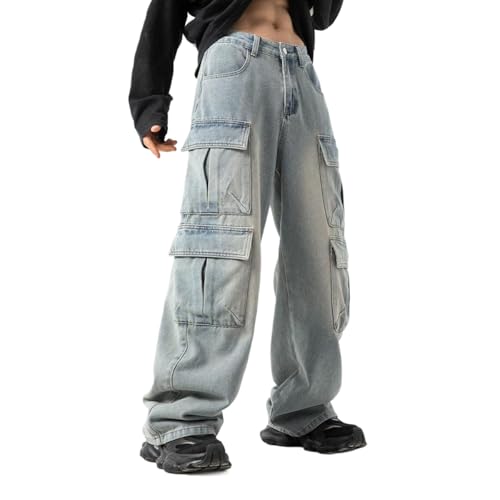 EnllerviiD Men's Baggy Cargo Jeans Relaxed Straight Fit Work Jeans Hip Hop Skater Denim Pants with Multi-Pockets