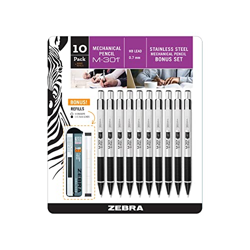 Zebra Pen, M-301 Mechanical Pencil, 0.7mm Point, Stainless Steel Barrel, Textured Grip, Smooth Writing Performance, Refillable, STEEL Series, 10-Count, (54319)