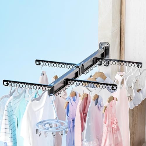 Clothes Drying Rack Wall Mounted, Bi-Collapsible Wall Mounted Drying Racks for Laundry with 4 Sliding Wing Hooks, Wall Hung Clothes Airer Wall Hanger for Balcony and Bat