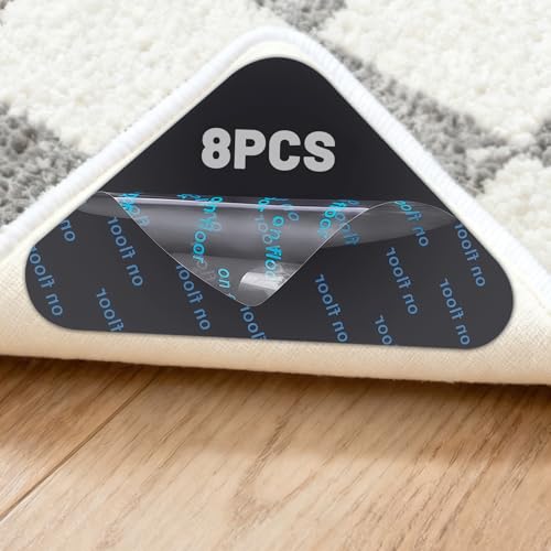 AMFUN 8 Piezas Antideslizante Adhesivo para Alfombras, Sujeta para Casa, Lavable y Reutilizable con Fuerte Adhesión, Apto para Todos los Suelos Lisos (Esquinas Redondeadas)