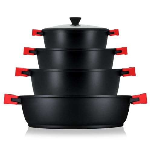 briebe Black Titanium Batería Cocina Inducción 8 Piezas Antiadherente Titanio, Juego 4 Ollas Aluminio Fundido sin PFOA, Set Cazuelas Tapas Cristal, Asas Silicona Extraíbles, Vitrocerámica, Gas, Horno