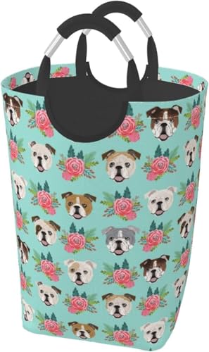 汚れた服のかご 汚れた服 イングリッシュ ブルドッグの顔 ヴィンテージ フローラル 洗濯物用かご 撥水加工 大容量布製雑貨収納ボックス 雑貨 おもちゃ収納バッグ 寝室、洗濯室、 シンプルでおしゃれ収納袋