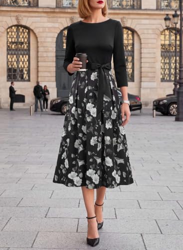 Image of VFSHOW Womens Work Business Casual Church Pockets Belted A-Line Midi Dress