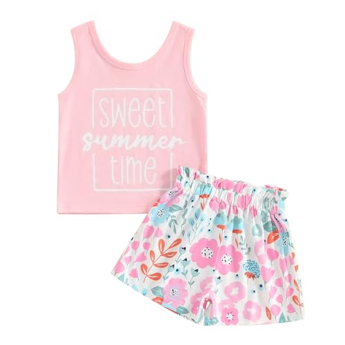 Thorn Tree Toddler Girls Shorts Set Summer Times Sleeveless T-Shirt Watermelon/Floral Shorts Little Girls Clothes (Floral Shorts Set,18-24 Months)