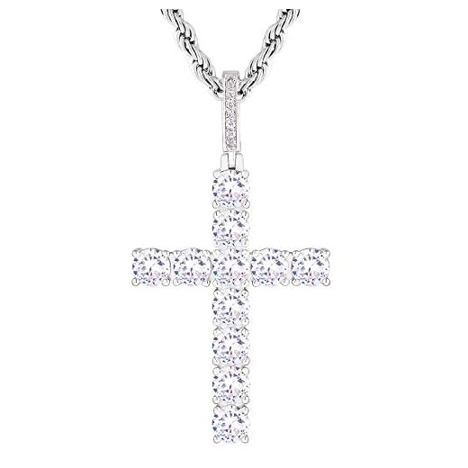 KRKC&CO Kreuz Kette Iced Out, Weißgold plattiert Kreuz Anhänger, 2,5mm 56cm Rope Kette mit Iced Out Kreuz Anhänger, Kreuz mit Zirkonia Silber Kreuzkette Hip Hop Anhänger Kette Geschenke für Herren