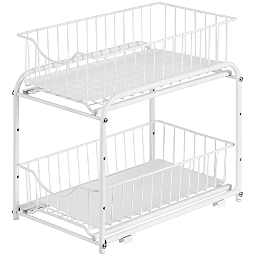 MOOACE Organizador de armario debajo del fregadero y almacenamiento con cajón de la cesta de sedimentación, estante apilable de 2 niveles para debajo del fregadero para baño, cocina, color blanco Cover