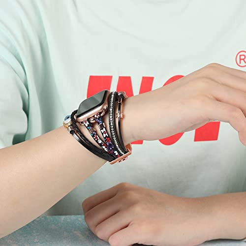 Posh Leather Bracelet Bands Compatible With Apple Watch Band 38Mm 40Mm 41Mm, Boho Handmade Jewelry Multilayer Wrap Strap Smartwatch Wristband For Iwatch Series Se 7 6 5 4 3 2 1 Women (38Mm/40Mm/41Mm, Black Pink Floral) #TOP6