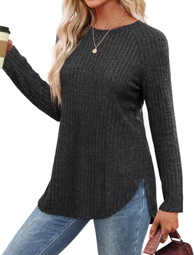 Image of Saloogoe Long Sleeve Shirts for Women 2025 Fall Clothes Tunic Tops Loose Fit Dressy Crewneck Pullover Sweaters Curved Hem