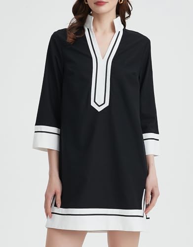 Kedera Women's Linen Shift Dress V Neck 3/4 Sleeve Deep V Neck Casual Mini Collared Dress for Summer Work with Pockets3