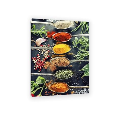Décoration murale cuisine sans reflet tableau épices sur toile avec châssis bois pour salle à manger