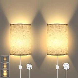 Lightess Wall Lights Dimmable, Plug in Wall Lamp with Switch Modern Wall Sconce with Beige Fabric Shade E27 Wall Wash Light Ideal for Bedroom Living Room Hotel Hallway Bedside Reading (Set of 2)