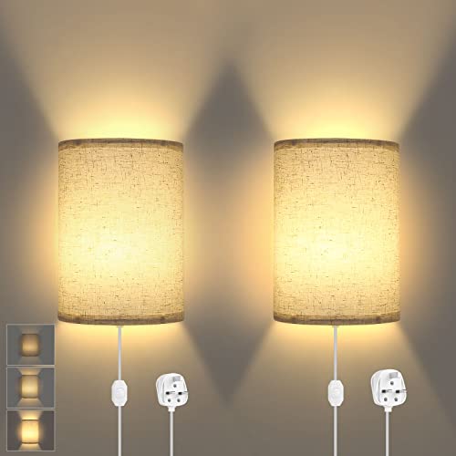 Lightess Plug in Wall Lights with Switch, Dimmable Plug in Wall Lamps for Bedroom, Modern Wall Sconce with Beige Fabric Shade E27 Wall Light for Living Room Hotel Hallway Bedside Reading (Set of 2)