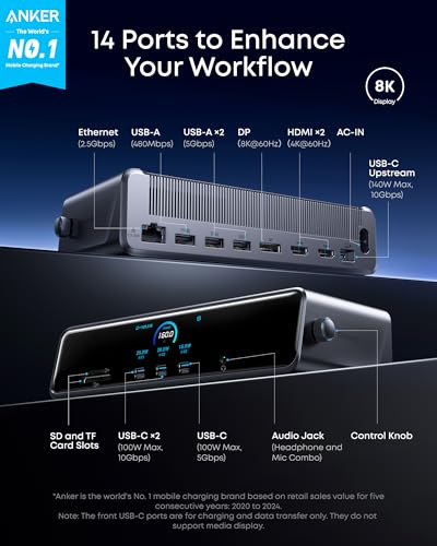 Anker Prime Docking Station (DL7400), 14-Port Triple Display with DisplayLink, 140W Max, Smart Display, Triple 4K 60Hz, Cooling Fan, for macOS and Windows (The Latest DisplayLink Driver Required) - Image 3