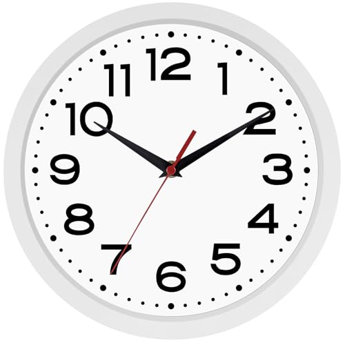 Image of Roymnie 8 Inch Small Wall Clock, Battery Operated Silent Non Ticking White | analog wall clock; bold numerals for easy reading; silent non-ticking; 1 AA battery (not included); for classroom