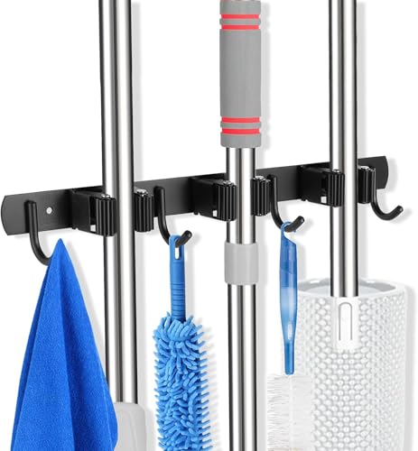 Boniry Broom Holder and Mop Organizer | Mop Holder For Wall Without Drilling with 3 Slots and 4 Hooks for Kitchen, Garag...