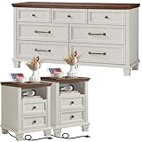 Farmhouse Dresser and Nightstand Sets 3 Piece, 7 Drawer Dresser & 2 Drawer Nightstand Set, Rustic Wood Bedroom Furniture Set for Home, Bedroom, Hallway, White
