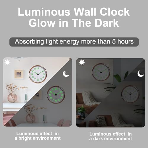 Luminous Wall Clock, 30cm/12'' Glow in the Dark Silent Non Ticking Night Lights Wall Clocks for Home Living Room Bedrooms Office Kitchen School (Rosegold)