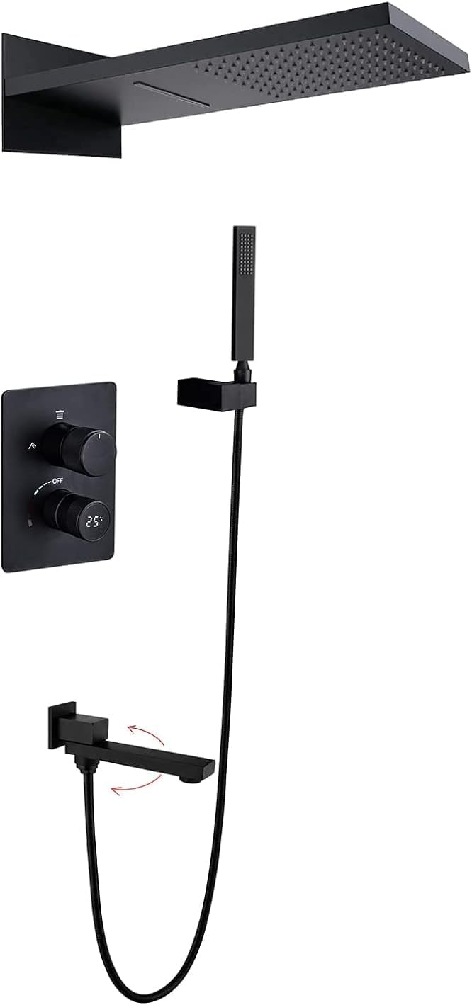 CWCQGH Concealed Shower Set Digital Display Shower Faucet Set Matt Black Shower Mixer Set with Brass Hand Shower and Waterfall Rainfall Shower Head