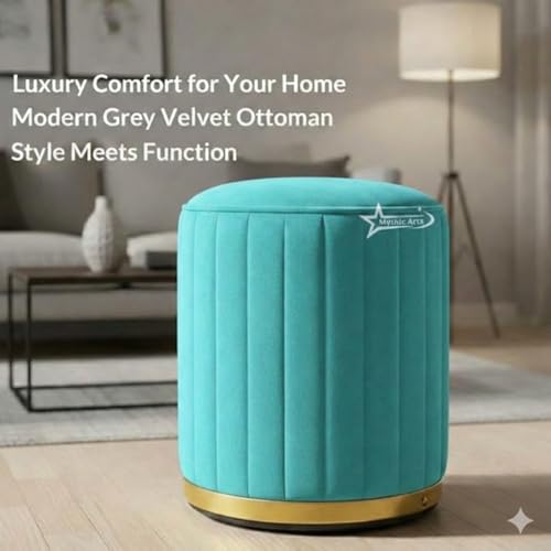 Image of Upholstered Round Linen Strip Stool Living Room Foot Rest Office Stool Pouf Ottoman Padded Seat - Aqua