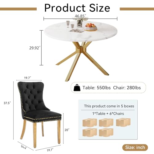 Image of 7-Piece Round Dining Table Set for 6, Luxury Faux Marble Kitchen Table Set for 6 with Black Velvet Chairs, 45 inch Circle Dining Room Tables with White Marble Top and Gold Stainless Steel Cross Legs