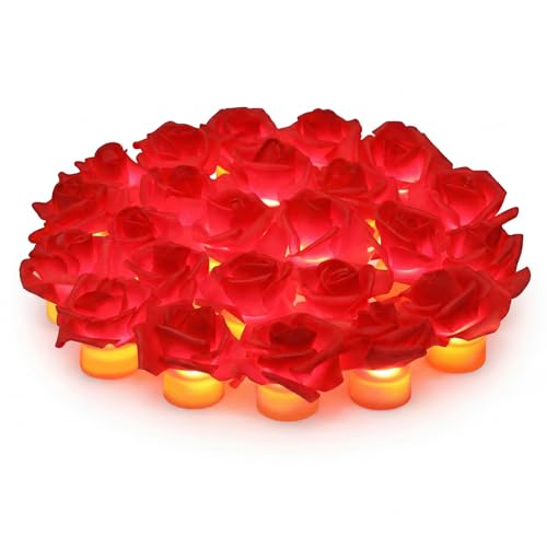 VIHOSE 24 Pack Red Rose LED Candles with Artificial Flowers,