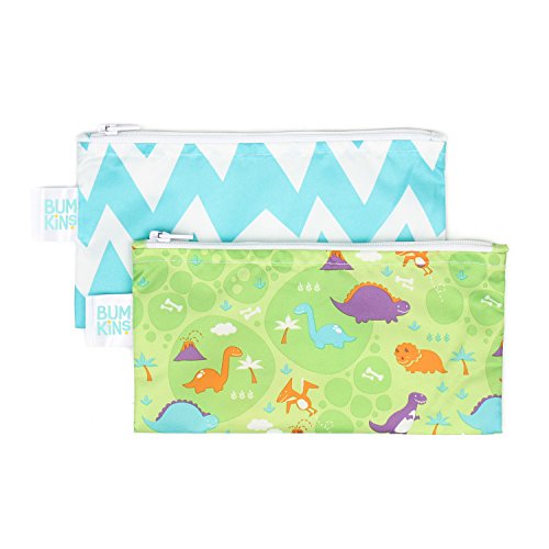Bumkins Reusable Snack Bag Small 2 Pack, Dinos & Blue Chevron (B09)
