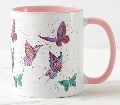 Vixar Butterfly Watercolour Art Coloured Mug Cup, Gift, Birthday, Work, Office, Christmas Tea Coffee (Pink)