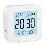 LATEC Alarm Clock Bedside Battery Powered LCD Digital Clock with Date & Day, Snooze, Temperature, 12/24H, Backlight, 3 Volumes, Silent Travel Small Clock for Heavy Sleepers Included Battery