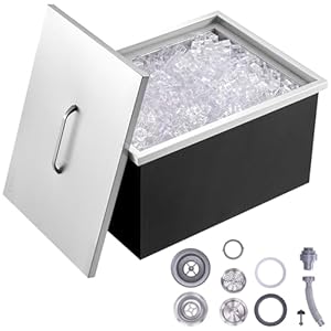 VEVOR Drop in Ice Chest, 20″ L x 14″ W x 12″ H Stainless Steel Ice Cooler, Commercial Ice Bin with Cover, 40 qt Outdoor Kitchen Ice Bar, Drain-Pipe and Drain Plug Included, for Cold Wine Beer