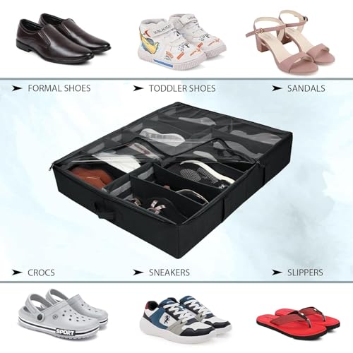 Image of SHIBUI Under Bed Shoe Organizer with Zipper-Dustproof & Space-Saving Storage for Sneakers, Heels & Boots, Adjustable Compartments, 24.5 x 29 x 5.5 Inch. (Polyster Black, Pack of 1)
