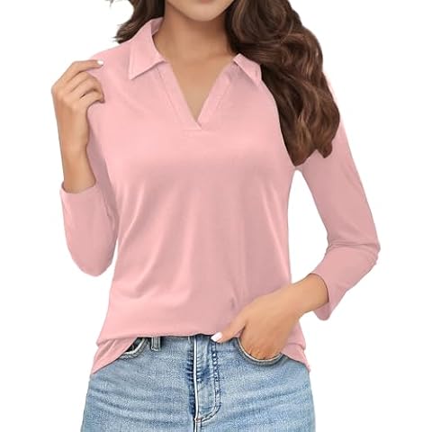 joyliveCY Polo Shirts for Women, V-Neck Business Casual Tops for Women, 3/4 Sleeve Collared Shirts for Women Tunic Tops Cute Blouses Work Tops Golf Polo Shirt, Pink, S Cover