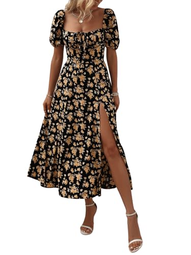 Image of GORGLITTER Women's Floral Midi Dress Milkmaid Summer Tea Dress Boho Square Neck Short Sleeve Split Swing A Line Dresses Black Yellow Floral S