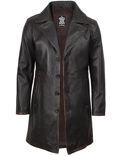 Image of Blingsoul Men's Leather Car Coat - Genuine Lambskin Long Leather Jacket for Men, Real Leather Coat with Lapel Collar