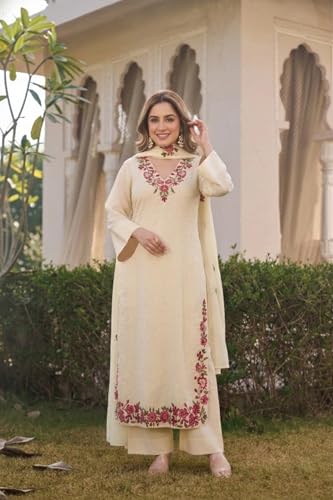 Image of ANNI Designer Kurta Sets for Women Viscose Blend Embroidered | Kurta Palazzo Dupatta Set | Designer Kurti Set for Women | V Neck Full Sleeve Ethnic Suit | Indian Kurta Outfit with Palazzo Pants