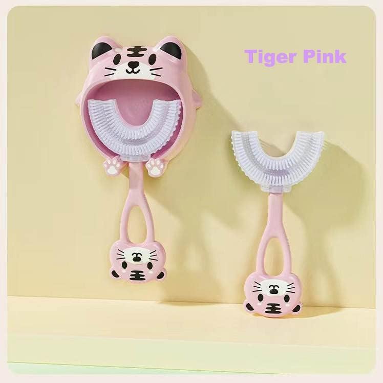 Miniatura 2 de AJM - Cepillo de dientes de silicona en forma de U para niños, cepillo de dientes de entrenamiento manual con 2 cabezales extraíbles y cubierta de