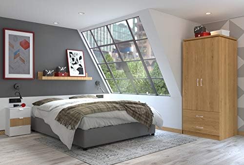 Charles 2 Door 2 Drawer Wardrobe in Oak Effect Veneer with Walnut Trim