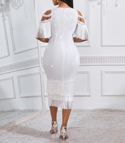 Image of Cololura Sexy Elegant Women Sequin Long Sleeve Tassel Bodycon Midi Dress Party Evening Gown Formal Dress