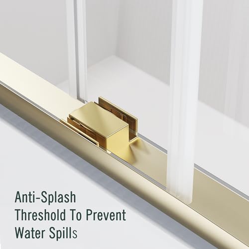 Image of Bathtub Sliding Door 55 inch-60 inch W x 56 inch H Tub Shower Door, Frameless Bypass Bathtub Door Glass, Double Sliding Tempered Glass with Explosion-Proof Film Stainless Steel Gold