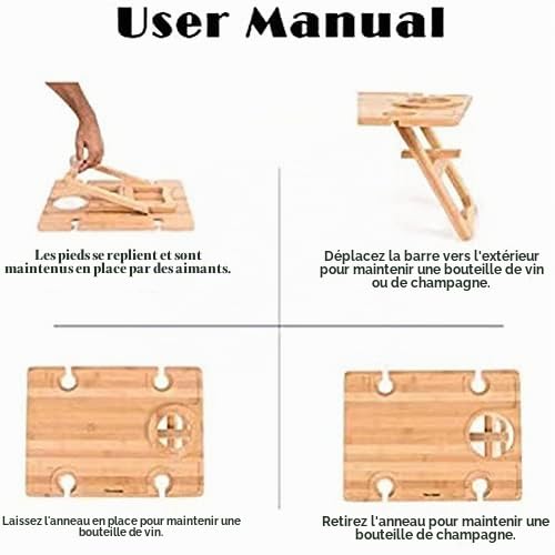Ruxin Table de pique-nique extérieure pliable 2 en 1 - Plateau en bambou 4 supports pour verres et 1 pour bouteille Pour jardin, fête, camping, plage, dîner en plein air