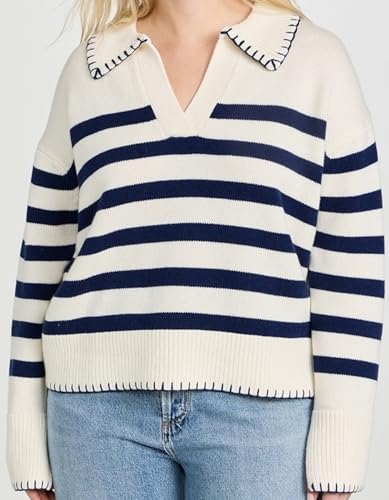 Image of Kedera Women's Casual Striped Pullover Sweater Long Sleeve Polo V Neck Lightweight Loose Fit Knit Jumper Tops, Small