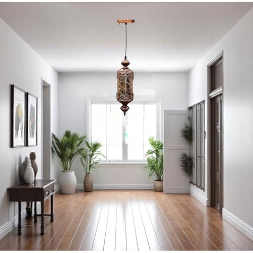 Image of Keylus Antique Hanging Light for Living Room Dining Bedroom, Moroccan Lantern Style Metal & Glass Pendant Lamp, (Bulb Not Included),Pack of 2