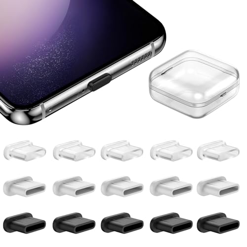 15 Pcs USB Type C Anti Dust Plugs Cover for iPhone 17 Pro Max 16 iPad Pro, Silicone USB-C Charging Port Plug Protector for Samsung Galaxy S25 Ultra S24 Plus S23 Anti Dust Cap with Plastic Storage Box