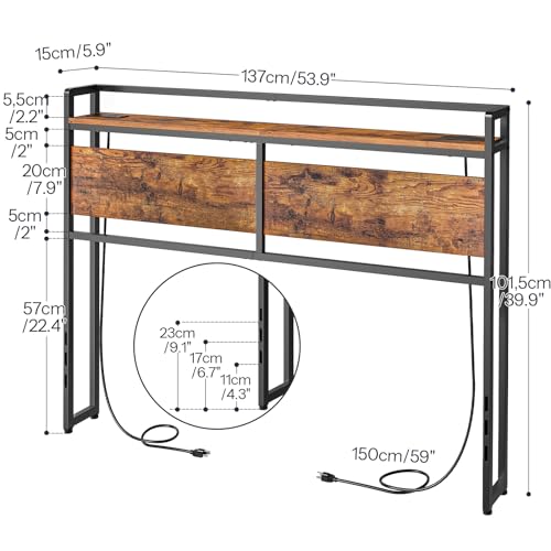Image of HOOBRO Headboard Full Size, Headboard with 2 Outlets and 4 USB Ports, Adjustable Height, Storage Rack, Sturdy and Stable, Easy Assembly, Rustic Brown and Black