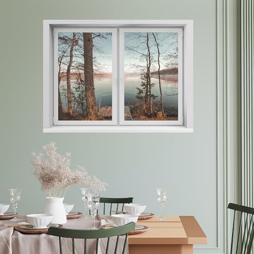 SIGNWIN Removable Wall Sticker/Wall Mural Window Tranquil Water Scene with Wooden Dock Photography Realism Decorative Landscape Digital Art for Living Room, Bedroom, Office - 36"x48"