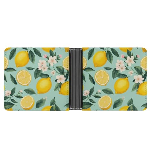 Men's Slim Front Pocket Wallet, Lemon Tree Leaves Tropical Flowers Floral Pu Leather Small Purses Waterproof Business Credit Card Holder for Travel Office