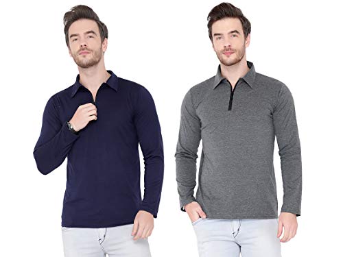 Image of Men's Cotton Blend Full Sleeve Zip Neck Polo T-Shirt (Pack of 1)