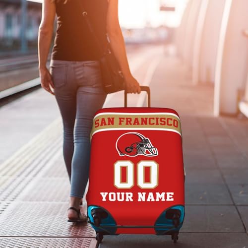 Image of Custom San Francisco Luggage Cover Personalized Football Style Suitcase Cover with Name Number Customized Washable Elastic Sports Travel Suitcase Protector for Business Vacation Gifts