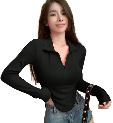 Image of Istyle Can Women's Top Solid Long Sleeve Ribbed Asymmetric Hem Casual T-Shirt with Zipper Collar. Full Sleeve, Rib Knit, Plain, Slim Fit